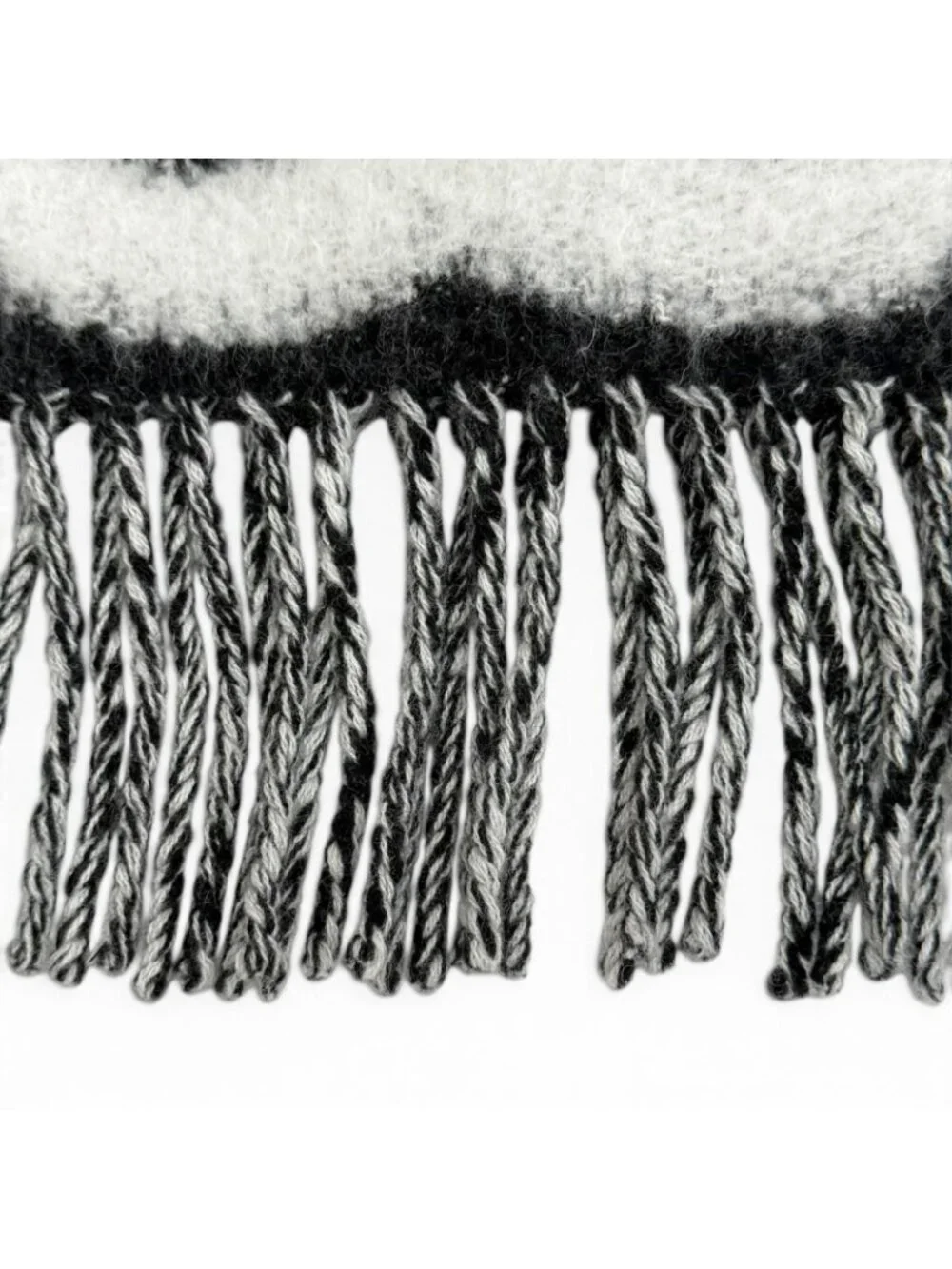 Chanel Cashmere Silk CC Logo Design Fringe Scarf White Black